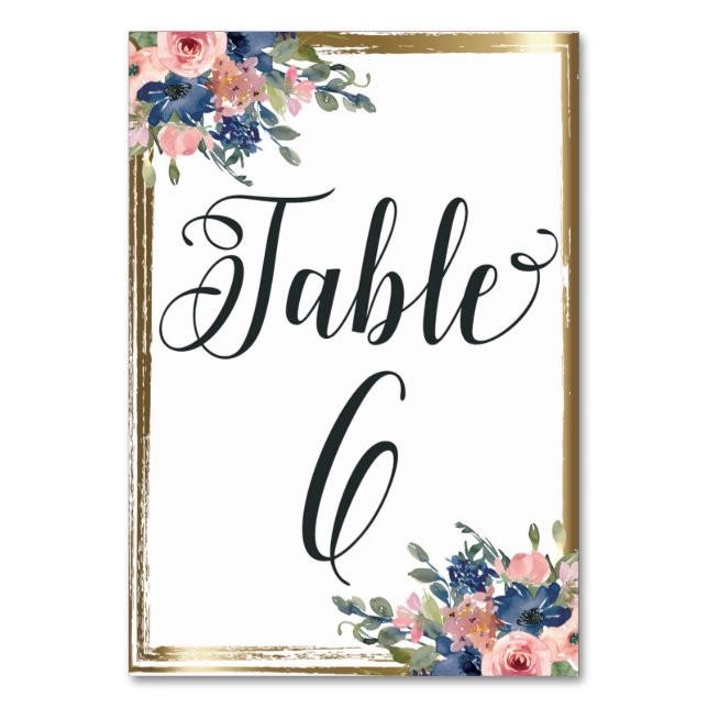 Watercolor Floral Calligraphy Table Number Card 6 (Front)
