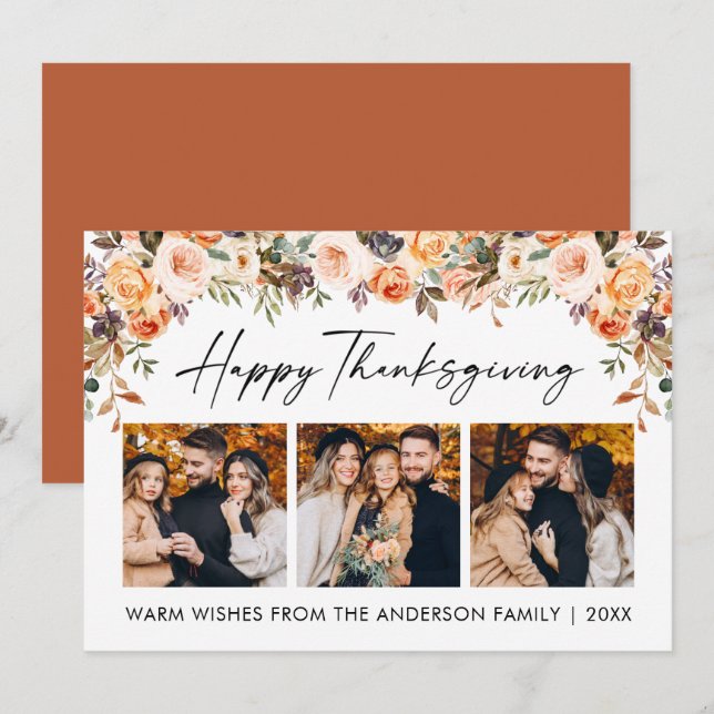 Watercolor Floral Calligraphy Thanksgiving 3 Photo Holiday Card (Front/Back)
