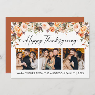 Watercolor Floral Calligraphy Thanksgiving 3 Photo Holiday Card