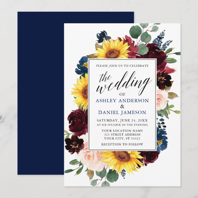Watercolor Floral Calligraphy Wedding Blue Invitation (Front/Back)