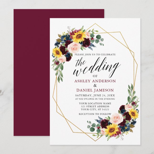 Watercolor Floral Calligraphy Wedding Geometric Invitation (Front/Back)