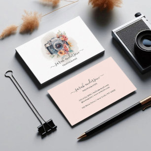 Watercolor Floral Camera Photography Blush Pink Business Card