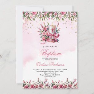 Watercolor floral candle lilles and roses Baptism Invitation