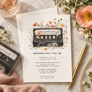 Watercolor Floral Cassette Birthday Invitation