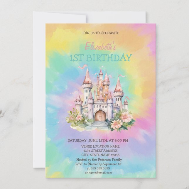 Watercolor Floral Castle Tie Dye Birthday   Invitation (Front)