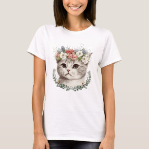 Watercolor Floral Cat Cute T-Shirt