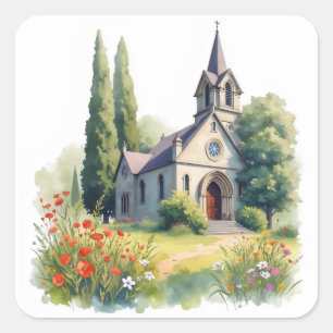 Watercolor Floral Catholic Church Square Sticker