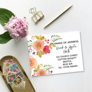 Watercolor Floral Change of Address orange red  Announcement Postcard
