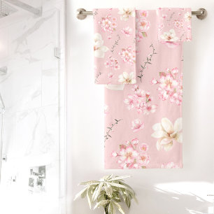 Watercolor Floral Cherry Blossom Floral Pink Bath Towel Set
