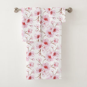 Watercolor Floral Cherry Blossoms Pink White Bath Towel Set
