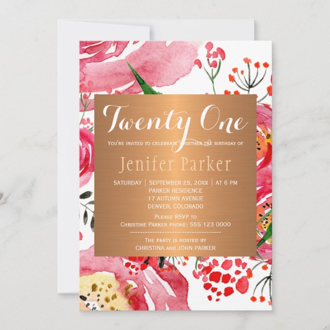 Watercolor floral chic glam birthday party invitation (Front)