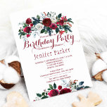 Watercolor floral chic winter birthday party invitation<br><div class="desc">Romantic feminine style birthday party chic and elegant winter floral invitation template with watercolor peonies bouquet in red burgundy and white and with seasonal pine green fir branches, red berries and foliage. Fill in your information in the spots, You can choose to customise it further changing background colours, fonts and...</div>