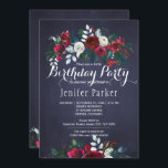Watercolor Floral Chic Winter Navy Birthday Party Invitation<br><div class="desc">Rustic adult birthday party chic and elegant winter floral invitation template with watercolor peonies bouquet in red burgundy and white and with seasonal pine green fir branches, red berries and foliage over a dark midnight navy blue chalkboard background. The invitation is suitable for elegant rustic floral winter / Christmas seasonal...</div>
