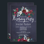 Watercolor Floral Chic Winter Navy Birthday Party Invitation<br><div class="desc">Rustic adult birthday party chic and elegant winter floral invitation template with watercolor peonies bouquet in red burgundy and white and with seasonal pine green fir branches, red berries and foliage over a dark midnight navy blue chalkboard background. The invitation is suitable for elegant rustic floral winter / Christmas seasonal...</div>