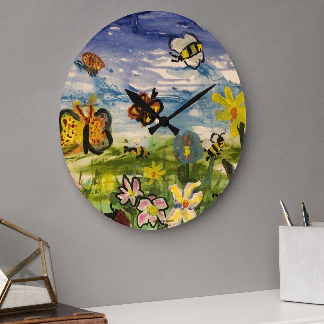   Watercolor Floral Children's Art Large Clock ( Fun Children's art Clock)