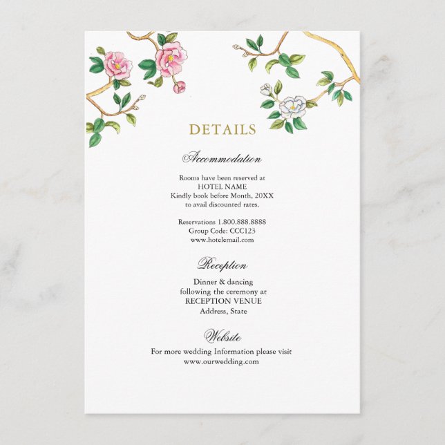 Watercolor Floral Chinoiserie wedding details Enclosure Card (Front)