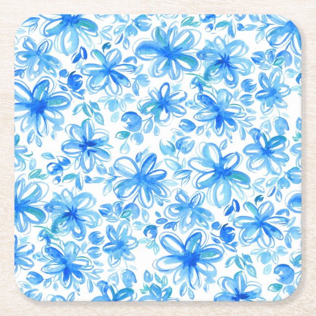 Watercolor Floral Chintz Cute Pattern Square Paper Coaster (Front)