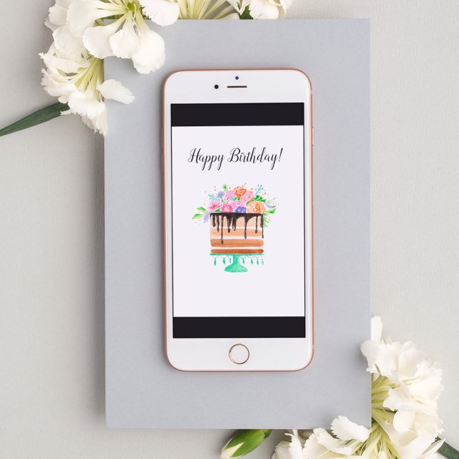 Watercolor Floral Chocolate Birthday Cake Card (A lovely watercolor Birthday cake card for your instant birthday wishes)