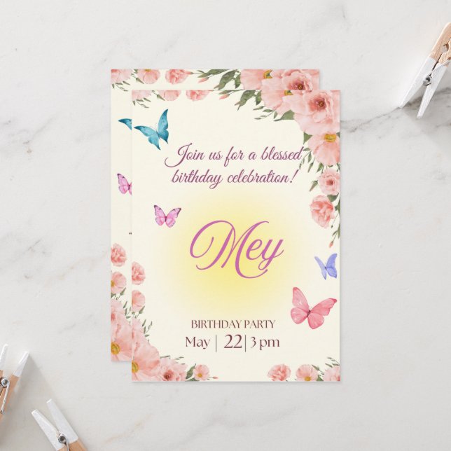 Watercolor Floral Christian Birthday Invitation  (Front/Back In Situ)