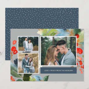 Watercolor Floral Christmas 3 Photo Collage Grey Holiday Card