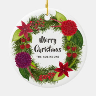 Watercolor Floral Christmas Family Photo Ceramic Tree Decoration