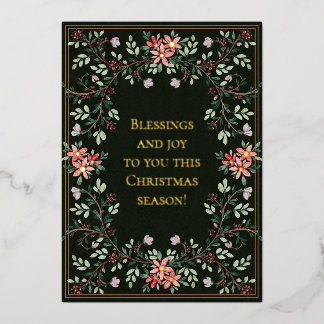 Watercolor Floral Christmas Frame on Dark Green Foil Holiday Card