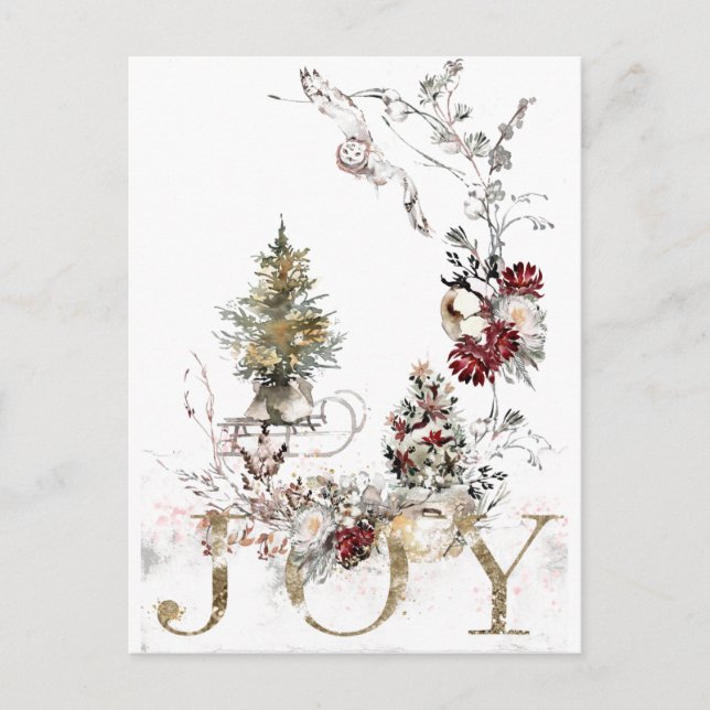 Watercolor Floral Christmas Joy  Holiday Postcard (Front)