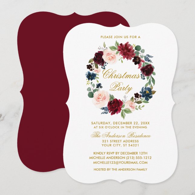 Watercolor Floral Christmas Party Gold BR Invitation (Front/Back)