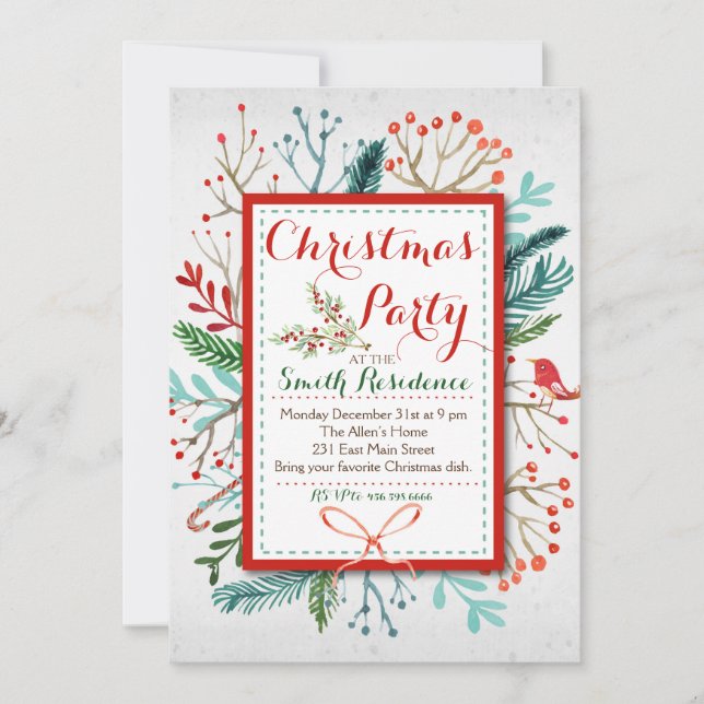 Watercolor Floral Christmas Party Invitation (Front)