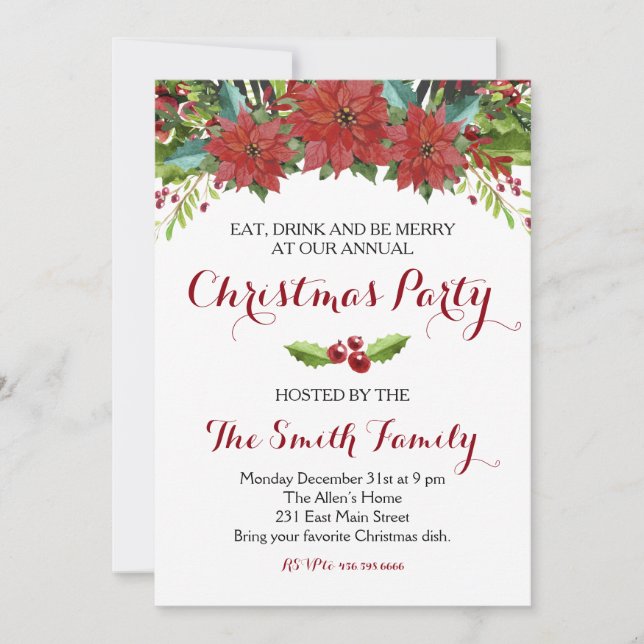 Watercolor Floral Christmas Party Invitation (Front)