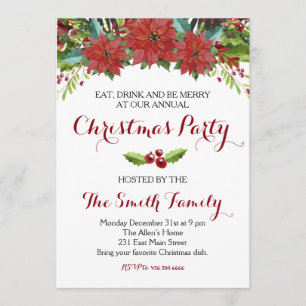 Watercolor Floral Christmas Party Invitation