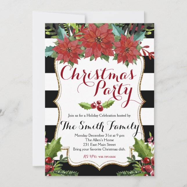 Watercolor Floral Christmas Party Invitation (Front)