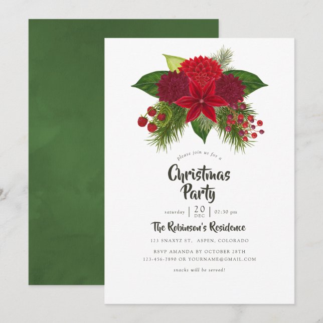 Watercolor Floral Christmas Party Invitation (Front/Back)