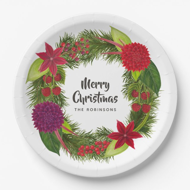 Watercolor Floral Christmas Party Paper Plate (Front)
