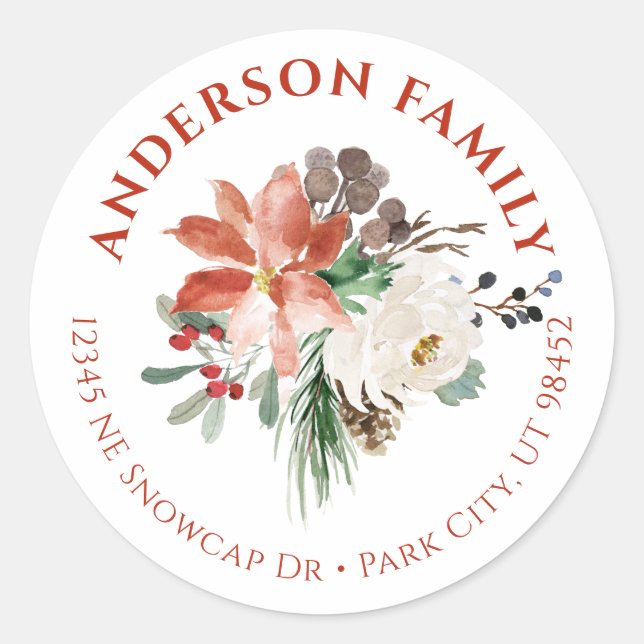 Watercolor Floral Christmas Small Round Labels (Front)