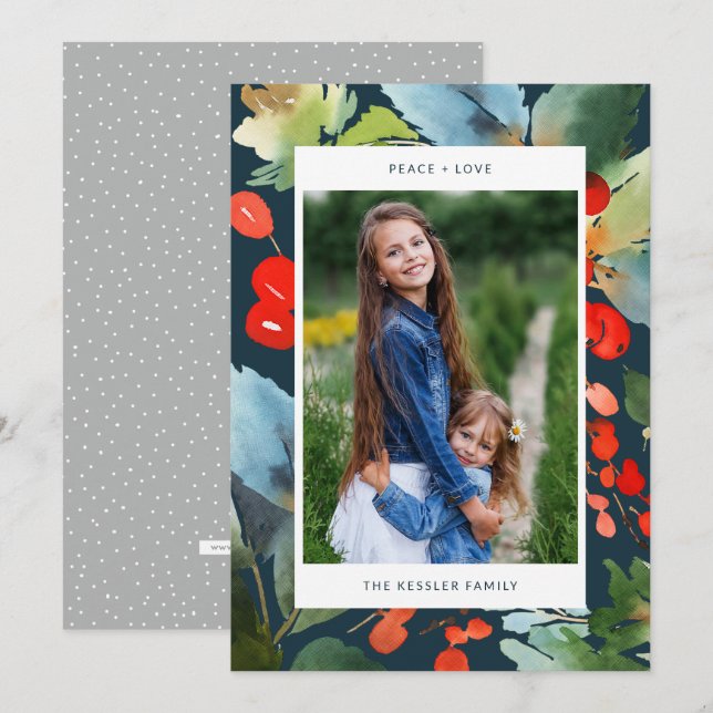 Watercolor Floral Christmas Stylish Photo Blue Holiday Card (Front/Back)