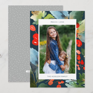 Watercolor Floral Christmas Stylish Photo Blue Holiday Card