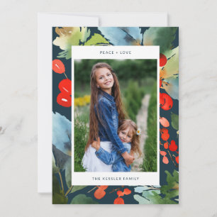 Watercolor Floral Christmas Stylish Two Photo Blue Holiday Card