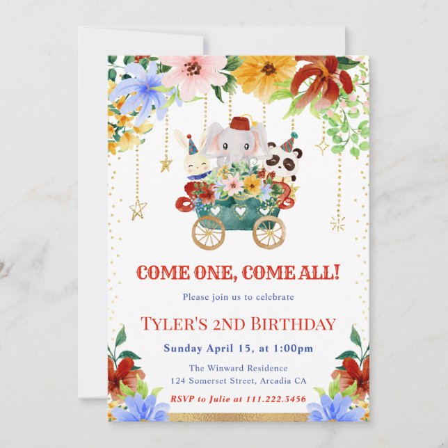 Watercolor Floral Circus Animals Birthday Party Invitation (Front)
