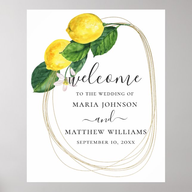 Watercolor floral citrus lemon wedding welcome poster (Front)