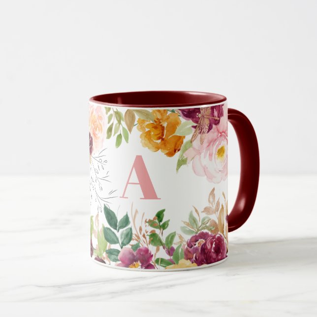 Watercolor floral classy elegant green monogram mug (Front Right)