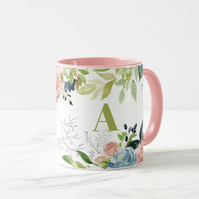 Watercolor floral classy elegant green monogrammed mug (Front Right)