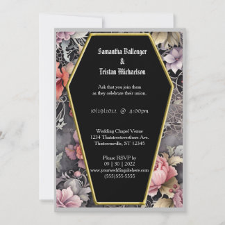Watercolor Floral Coffin Shape Modern Goth Wedding Invitation
