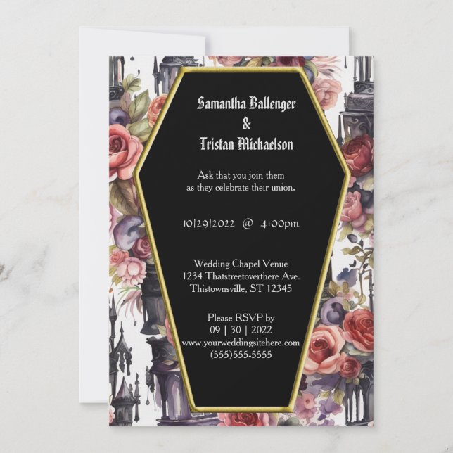 Watercolor Floral Coffin Shape Modern Goth Wedding Invitation (Front)