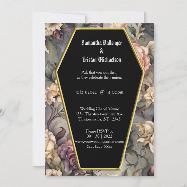 Watercolor Floral Coffin Shape Modern Goth Wedding Invitation (Front)