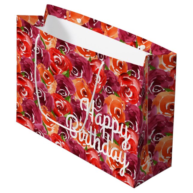 Watercolor Floral Collage Happy Birthday Large Gift Bag (Front Angled)