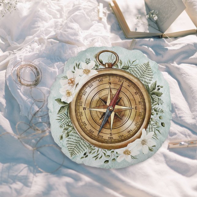 Watercolor Floral Compass Kids Nursery Round Cushion (In situ under sunlight)