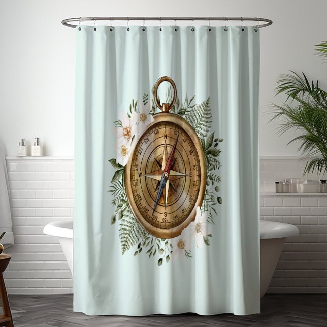 Watercolor Floral Compass Shower Curtain (In situ bathroom)