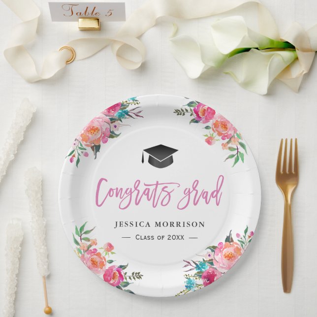 Watercolor Floral Congrats Grad Graduation Party Paper Plate (Wedding)