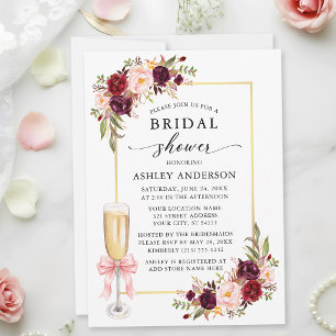 Watercolor Floral Coquette Pink Bow Bridal Shower Invitation